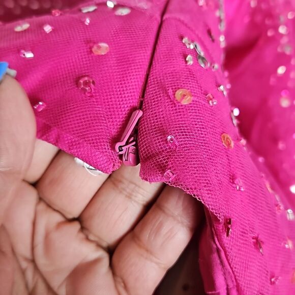 Le Gala By Mon Cheri Ladies Ball Gown With Layered, Sequence & Beaded Hot Pink 6 - Picture 13 of 16